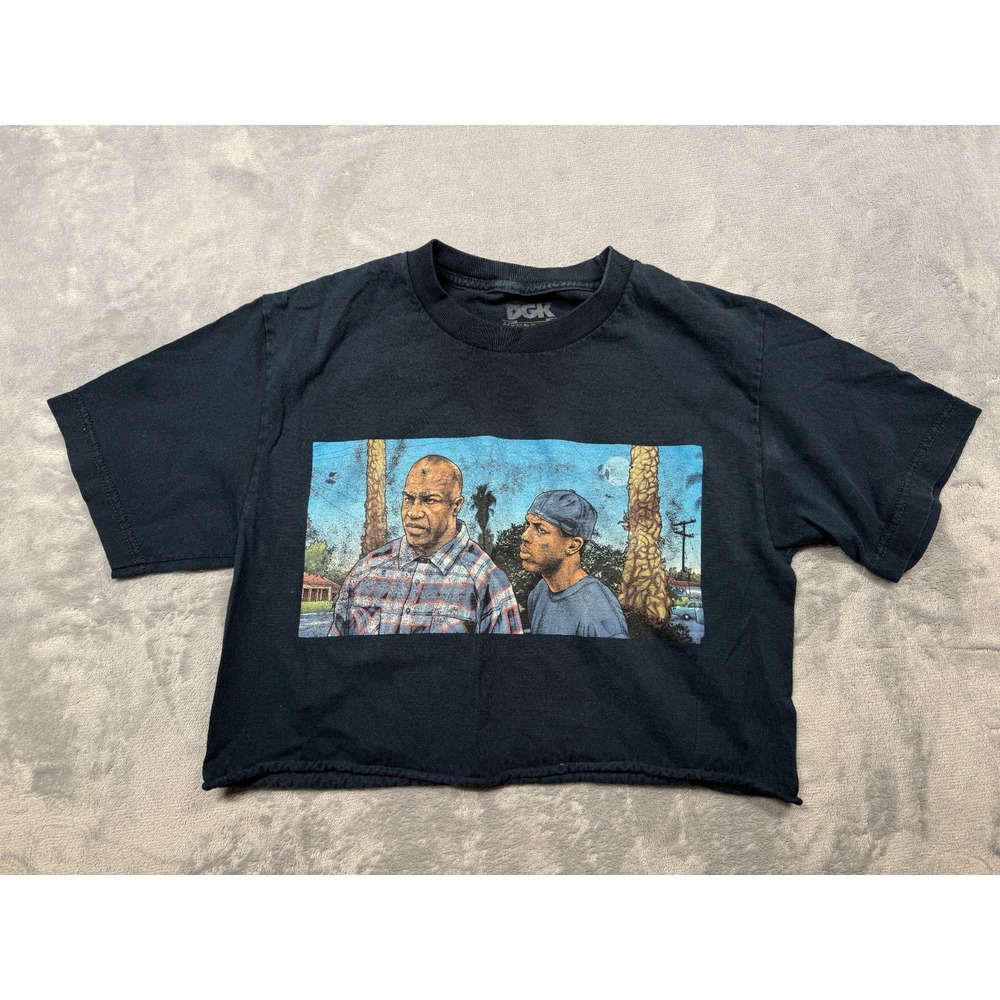 DGK Cropped T-Shirt Womens Small Black Deebo and Smokey Graphic Print Crew Neck
